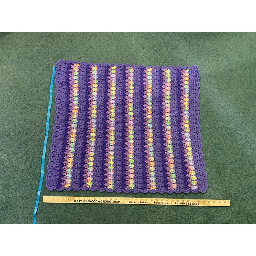 Handmade Crochet Baby Blanket Purple Multi Color Shell Stitch Scalloped 27x32